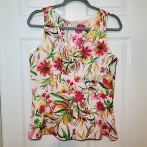 J Crew Peplum Linen Blend Tropical Vacation V Neck Tank Top Side Zipper Size 8